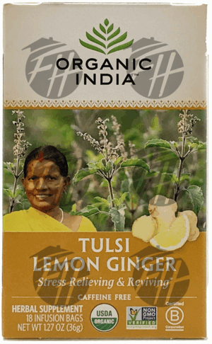 Organic India Tulsi lemon ginger flavor herbal supplement tea, stress-relieveing & reviving, 18-bags 1.27 ounce