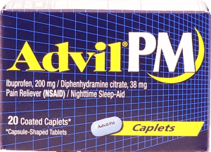 Advil pain reliever/nighttime sleep aid,buprofen, 200 mg/diphenhydramine citrate, 38 mg 20 count
