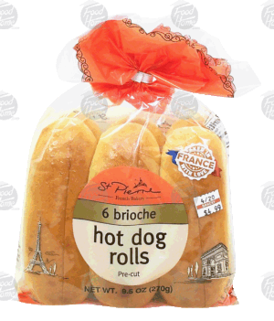 St. Pierre French Bakery hot dog rolls, pre-cut, brioche, 6-count 9.5 ounce