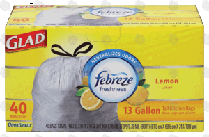 Glad Odor Shield 13 gallon tall kitchen drawstring bags with febreze freshness, lemon scent 40 count