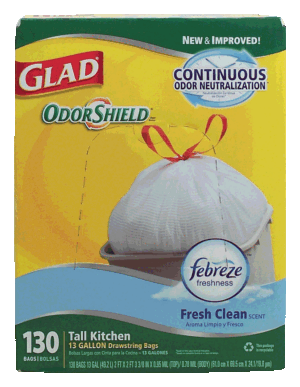 Glad Odor Sheild tall kitchen, 13 gallon drawstring bags with febreze fresh clean scent 130 count