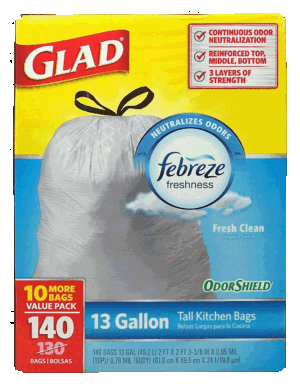 Glad febreze freshness tall drawstring kitchen bags, 13-gallon size, fresh clean, odor shield 140 count