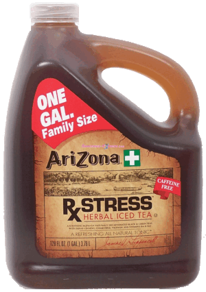 Arizona Rx Stress herbal iced tea, a soothing blend of naturally decaffeinated black & green teas with panax ginseng . 1 gallon