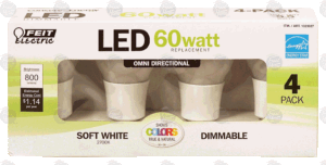 Feit Electric LED 60 watt replacement, soft white, dimmable, 800 lumens 4 count