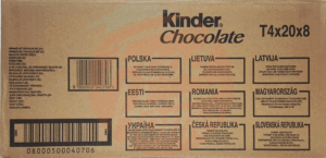 Kinder chocolate bar with milk filling, 4 sticks, 20-bars per case, 50-gram bars 8 count