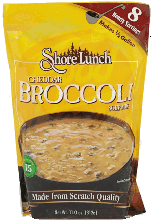 Shore Lunch cheddar broccoli soup mix, makes 8 servings, juist add water 11 ounce