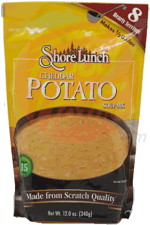 Shore Lunch cheddar potato soup mix, makes 8 servings, just add water 12 ounce