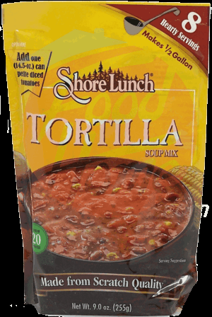 Shore Lunch tortilla soup mix, makes 8 servings, add one can petite tomatoes 9 ounce