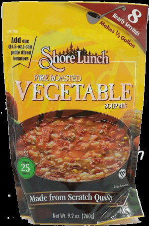 Shore Lunch fire roasted vegetable soup mix, makes 8 servings, add can of petite tomatoes 9.2 ounce