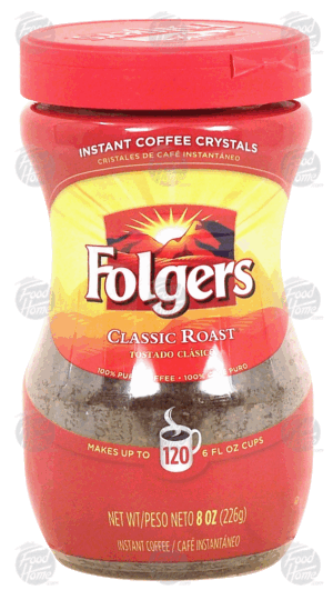 Folgers Classic Roast coffee instant regular, makes up to 120 6 fl oz cups 8 ounce