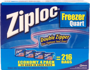 Ziploc freezer quart, economy 4-pack, 7 x 7 3/4-in bags, double zipper 216 count