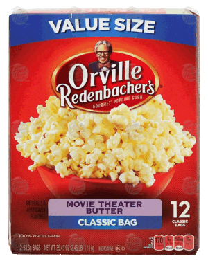 Orville Redenbacher's value size, movie theater butter, 100% whole grain, 12 classic bags 39.49 ounce