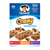 Quaker Chewy granola bars, 24 chocolate chip, 20 peanut butter choco chip, 16 oatmeal raisin, 60 .84-oz bars 50.7 ounce