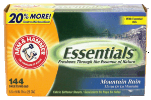 Arm & Hammer Essentials fabric softener sheets, mountain rain scent 144 count