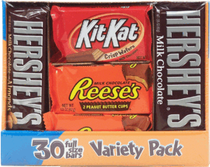 Hershey's 6-kit kat, 7-hershey milk chocolate, 7 hershey almonds, 10-reeses's full size candy bars 45 ounce