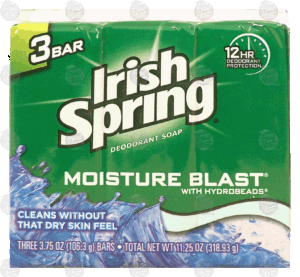Irish Spring Deodorant Soap moisture blast with hydrobeads, soap bar 3 count