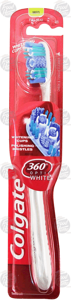 Colgate 360 Optic White medium bristle full head toothbrush, whitening cups, cheek & tongue cleaner 1 count
