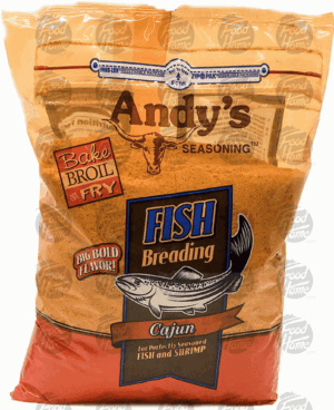 Andy's cajun fish breading seasoning, will bread 28 to 32 lbs of fish 5 pound