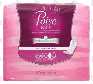 Poise Pads discreet bladder leakage protection, maximum absorbency, long length 39 count