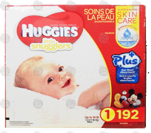 Huggies little snugglers baby diapers, size 1, up to 14lb. 192 count