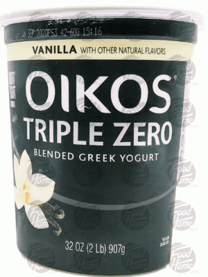 Oikos triple zero vanilla blended greek yogurt, plastic tub 32 ounce