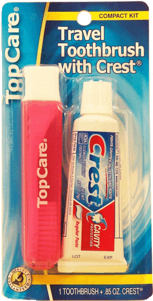 Top Care travel toothbrush with .85 oz Crest, compact kit 1 pack