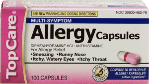 Top Care allergy capsules, diphenhydramine HCI 100 count