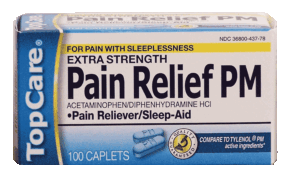 Top Care extra strength pain relief pm, pain reliever/sleep aid, caplets 100 count
