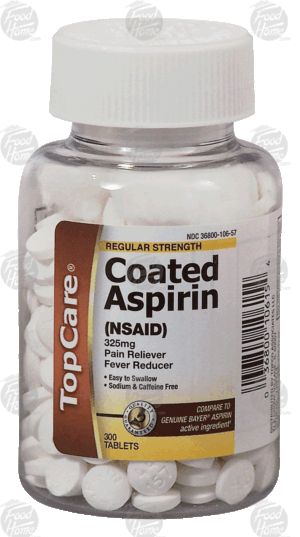 Top Care coated aspirin, pain reliever and fever reducer, 325 mg, tablets 300 count