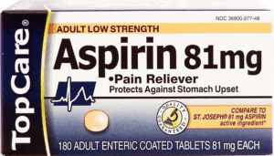 Top Care aspirin 81 mg pain reliever, protects against stomach upset, adult enteric coated tablets 180 count