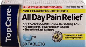 Top Care all day pain relief, naproxen sodium tablets, compare to aleve 50 count