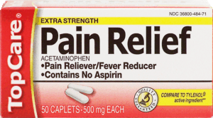 Top Care pain reliever/fever reducer, contains no aspirin, 500 mg each 50 count