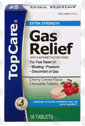 Top Care gas relief, cherry creme flavor chewable tablets 18 count