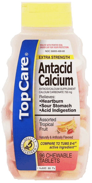 Top Care antacid calcium relieves heartburn, sour stomach, and acid indigestion, chewable, assorted tropical fruit flavors 96 count