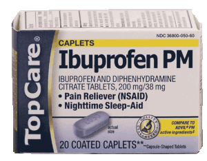 Top Care ibuprofen pm 200 mg, pain reliever, nighttime sleep-aid, coated capsules 20 count