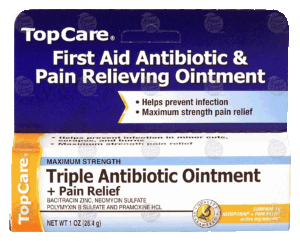Top Care triple antibiotic oinment + pain relief, maximum strength 1 ounce