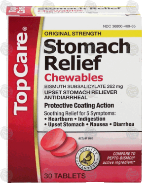 Top Care stomach relief chewables, protective coating action, upset stomach reliever antidiarrheal 30 count