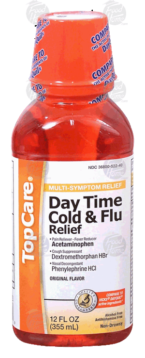 Top Care day time cold & flu relief, original flavor, pain reliever and fever reducer 12 fluid ounce