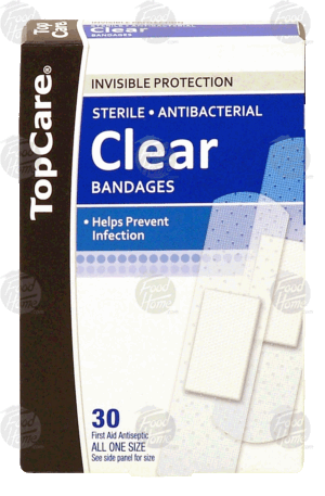 Top Care sterile, antibacterial, clear bandages, all one size 30 count