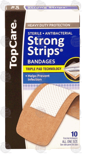 Top Care Strong Strips sterile, antibacterial bandages, all one size 10 count