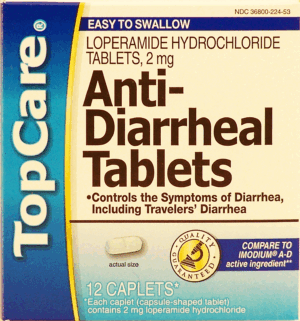 Top Care anti-diarrheal caplets, 2 mg loperamide hydrochloride each 12 count