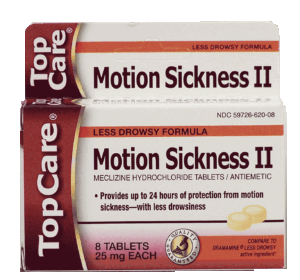 Top Care less drowsy formula for motion sickness, meclizine hydrochloride tablets 8 count