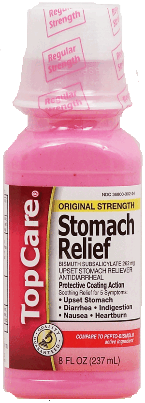 Top Care upset stomach, diarrhea, indigestion, nausea, and heartburn releiver, bismuth subsalicylate 262 mg 8 fluid ounce