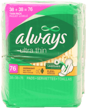 Always ultra thin overnight maxi pads, 2 38-count packs 76 count