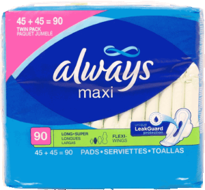 Always Maxi pads, long, super; 2 45-count packs 90 count