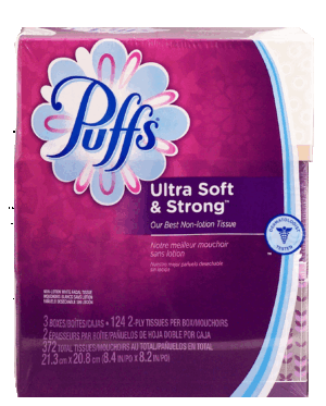Puffs Ultra Soft & Strong non lotion white facial tissue, 124 2-ply tissues per box 3 count