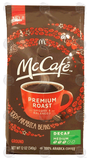 McCafe premium roast, ground coffee, decaf, medium, 100% arabica coffee 12 ounce