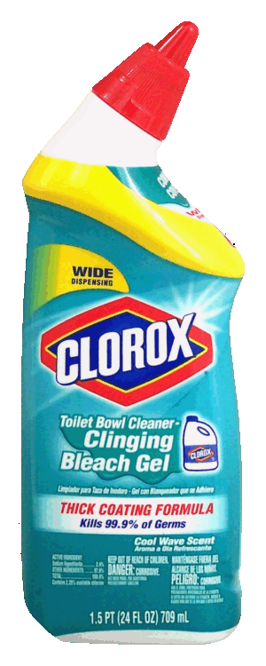 Clorox toillet bowl cleaner, clinging bleach gel, cool wave scent, wide dispensing 24 fluid ounce