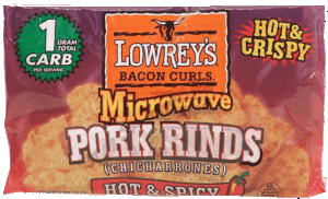 Lowrey's microwave pork rinds, bacon curls, hot & crispy, hot & spicy, chicharrones 1.75 ounce