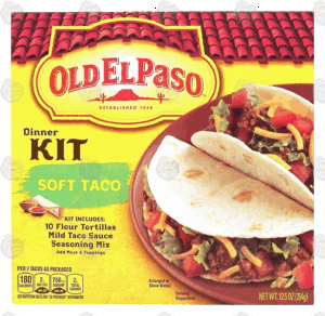 Old El Paso soft taco dinner kit, 10 flour tortillas, mild taco sauce, seasoning mix 12.5 ounce
